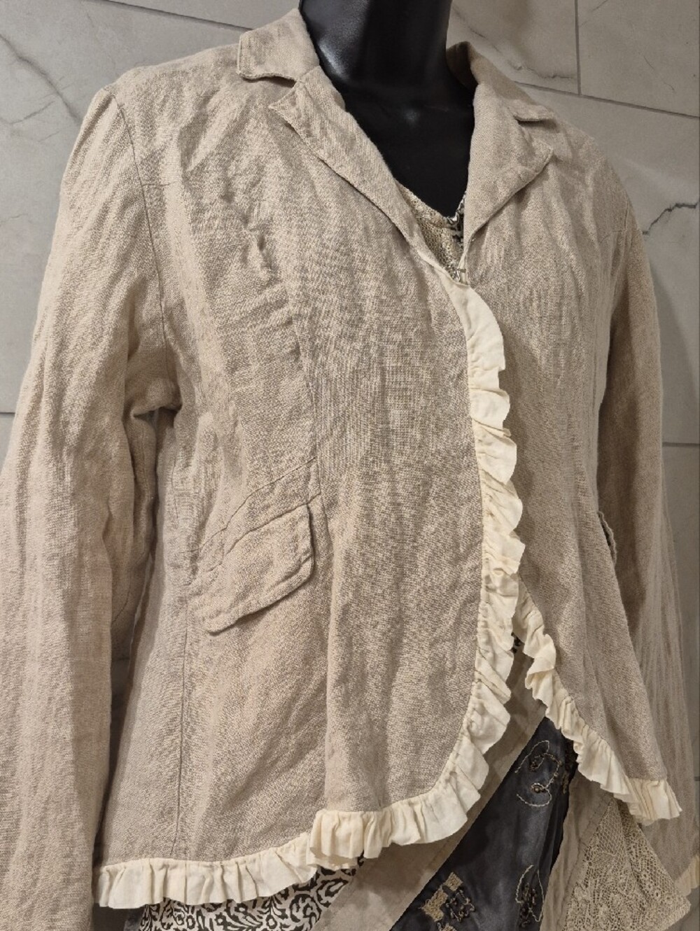 Beige Linen Ruffle-Trim Blazer Jacket - Picture 6 of 11